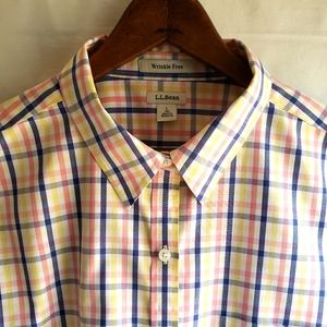 LL Bean Mens Wrinkle Resistant Button Front Shirt Long Sleeve Plaid Sz L